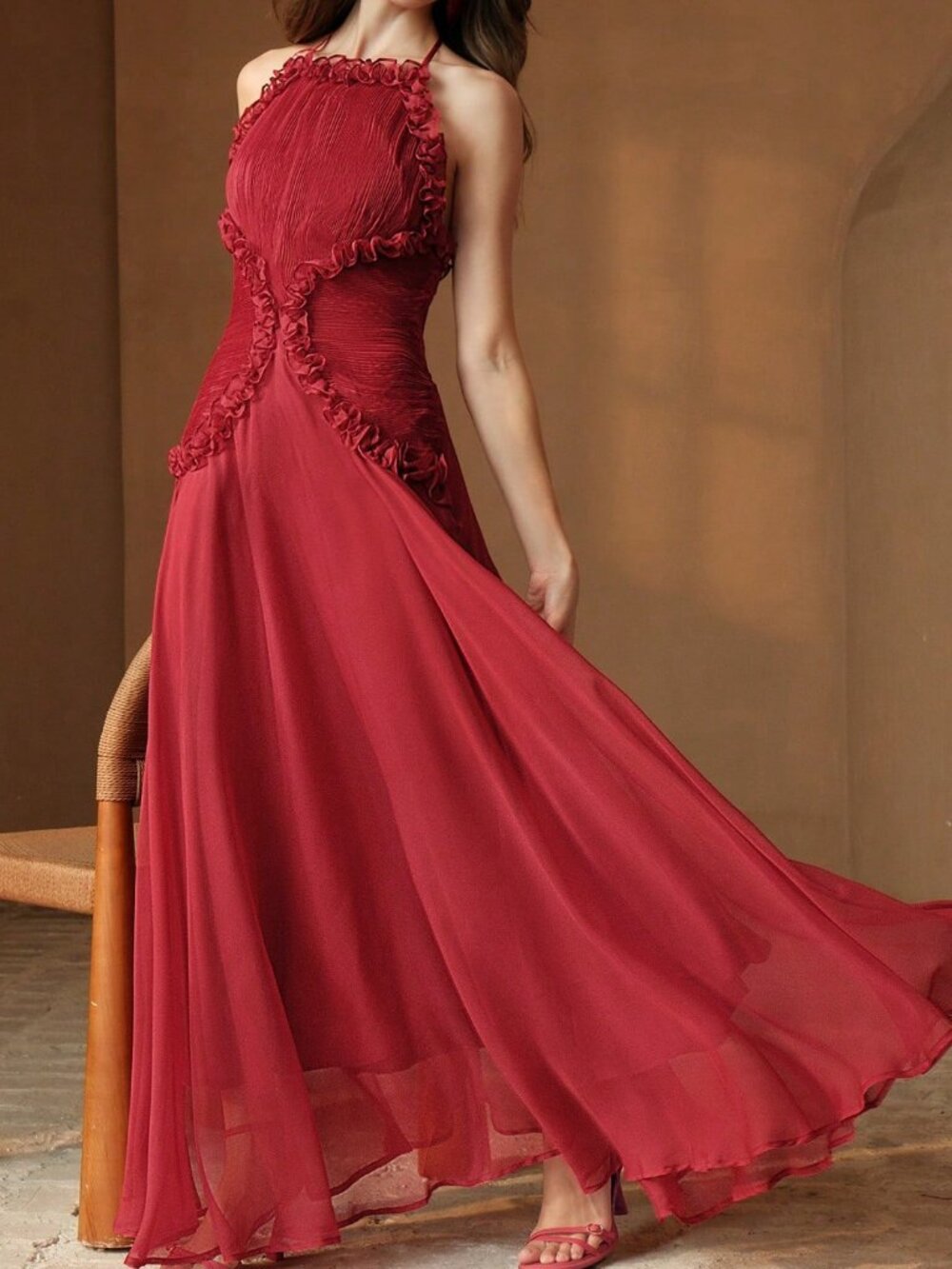 Red Elegant Women's Spaghetti Strap Ruched Waist Flounce Hem Maxi Dress - Picture 3 of 8